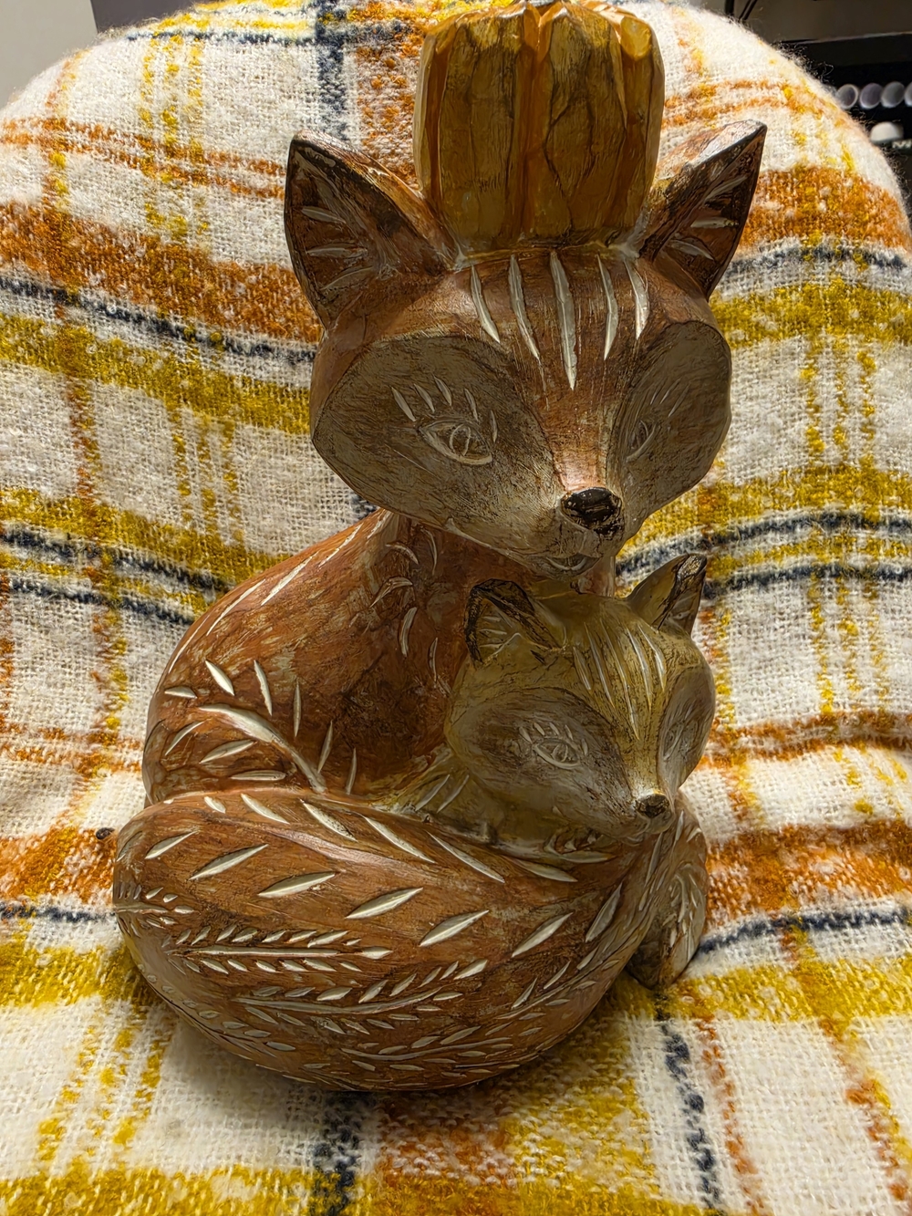 Hand-Carved Decorative Fox Sculpture With Pumpkin For Fall Home Or Office